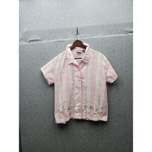 Premier International Ladies Pink & White Striped Button-Up Blouse With Embroide